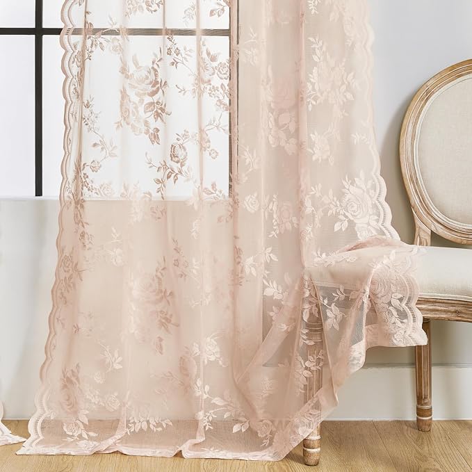 Sheer Lace Curtains 96 Inches Long 2 Panels Vintage Floral Curtains - Image 5