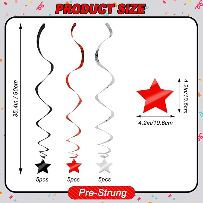 BEISHID Black Red Silver Stars Hanging Swirls Pre-Strung Stars Hanging - Image 2
