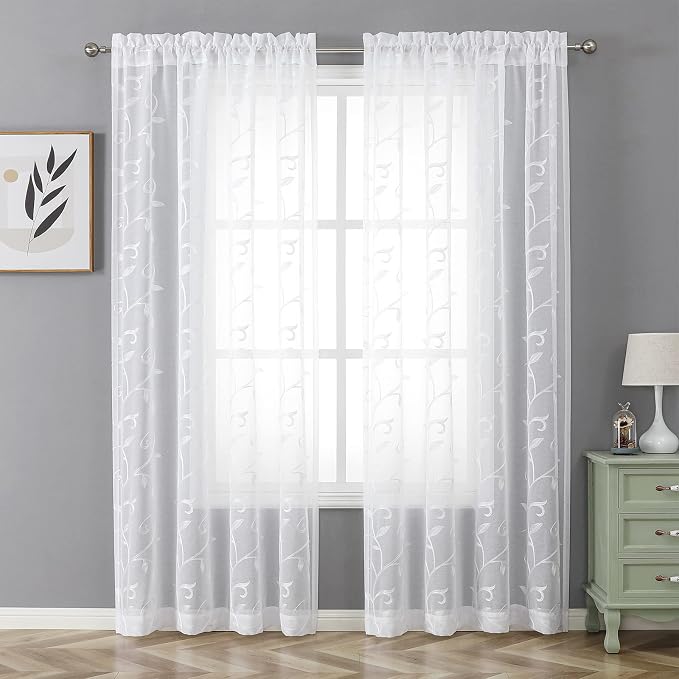 White Sheer Curtains Embroidered Leaves 2 Panels 54Wx63L | Light Filtering - Image 2