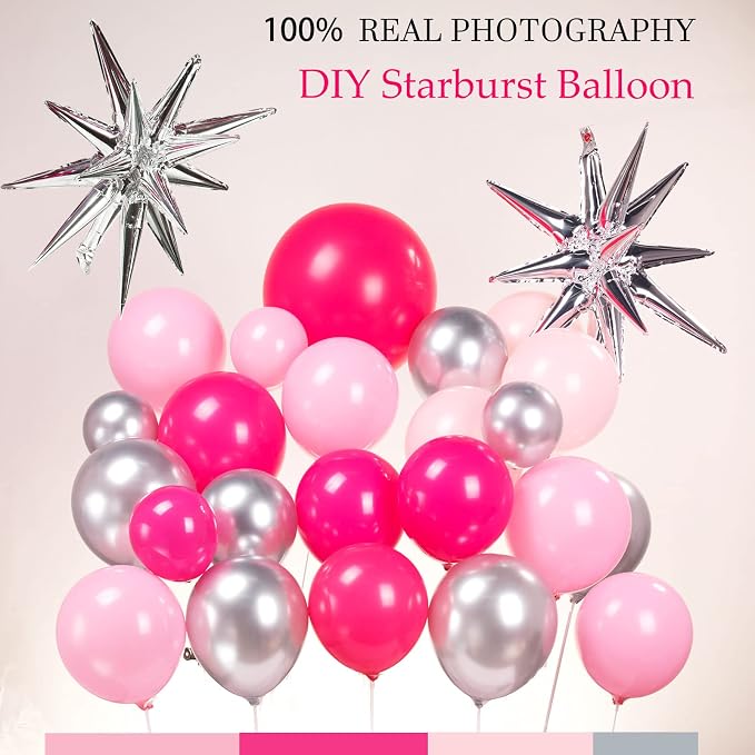 Hot Pink Silver Balloon garland arch kit 145PCS Pastel Pink and silver Star - Image 4