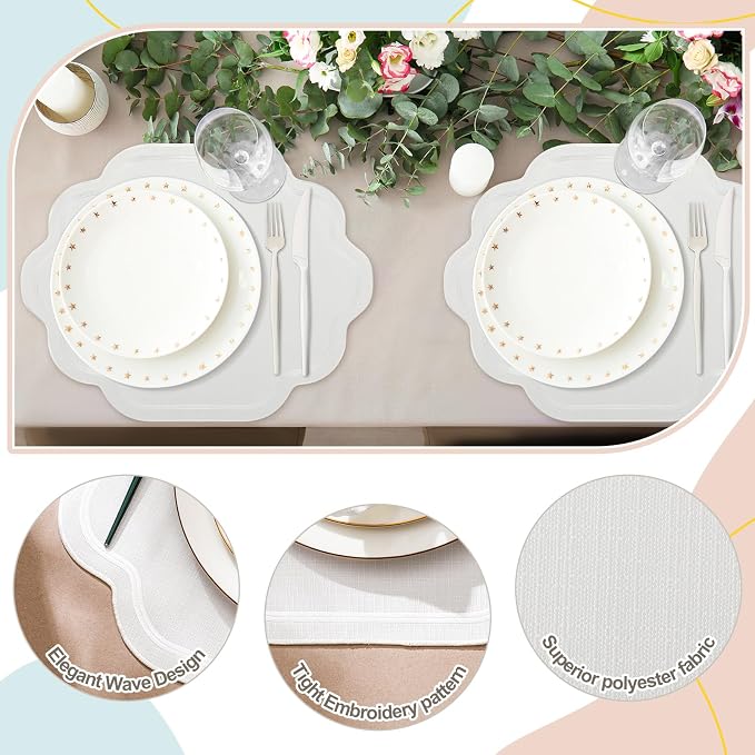 8 Pcs White Cotton Wedding Placemats Scalloped Embroidered Placemats 17" x 13" - Image 3