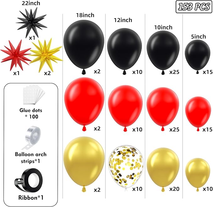 153Pcs Red and Black Gold Balloons Garland Arch Kit - Image 2