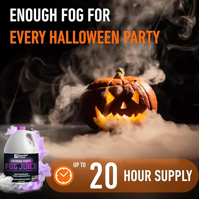 Essential Values Fog Machine Fluid - Extreme High Density Fog Juice (128 FL OZ / 1 Gallon) – White-Out Conditions for Water Based Foggers Designed for 700 Watts+ - Manufactured in USA