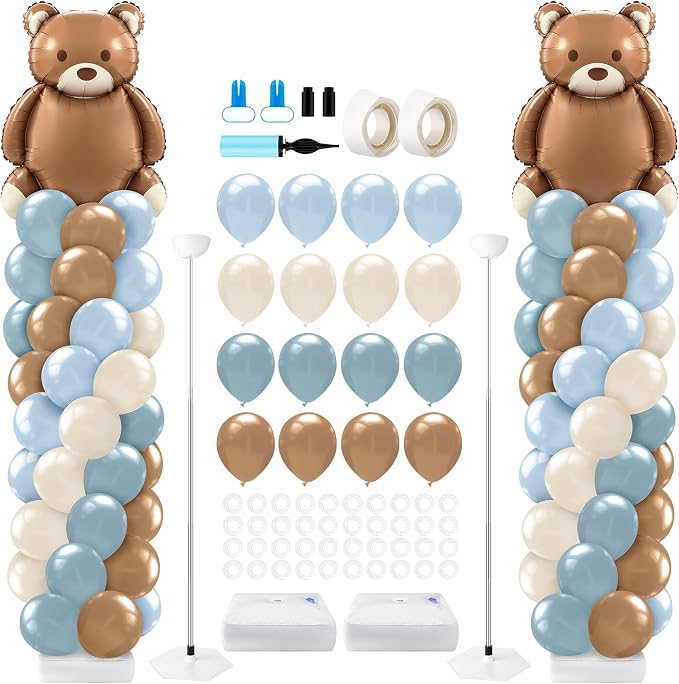 Kasyat 2 Set Bear Baby Shower Balloon Column Stand Kit Dusty Blue and Brown by Kasyat