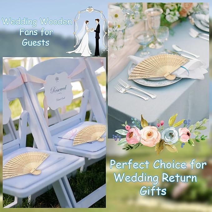 100Pcs Wedding Fans Personalized Folding Hand Fans Custom Sandalwood Wedding Fans with Organza Bags Wedding Party Favor Wedding Fans for Guests (200)