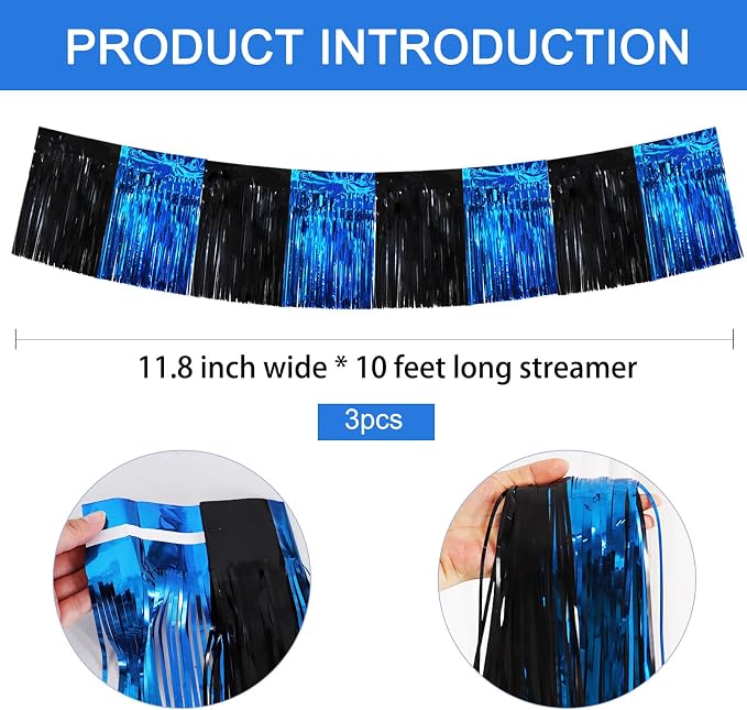 BEISHIDA Black Blue Fringe Garland Banner 30ft Wall Tinsel Foil Streamers | - Image 3