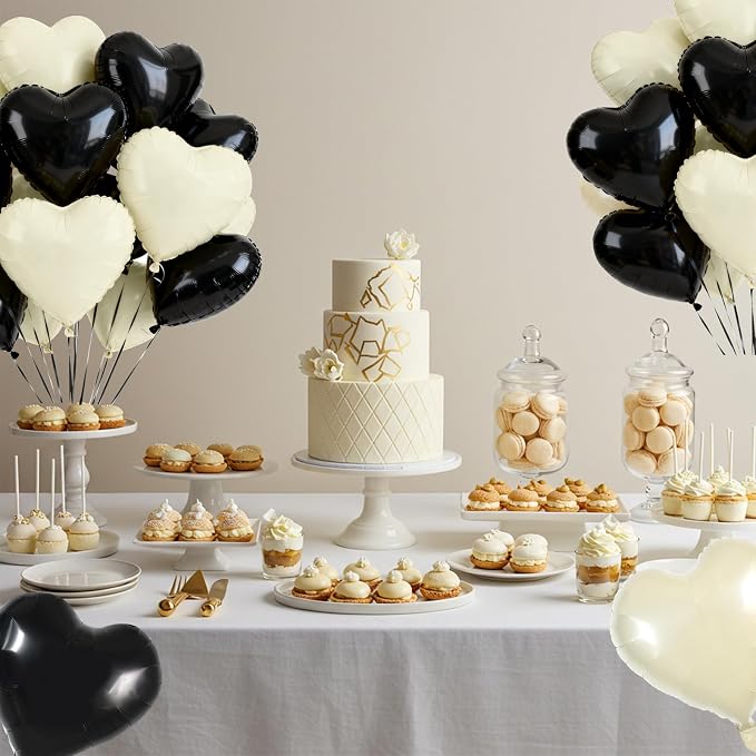 TONIFUL 30 Pcs 18 Inch Black Cream White Heart Shape Foil Mylar Balloons | - Image 4