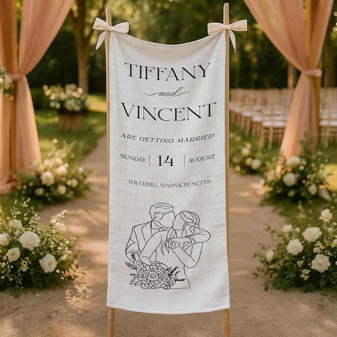 Modern Wedding Announcement Linen Tapestry Banner, Personalized Couple Names - Image 5