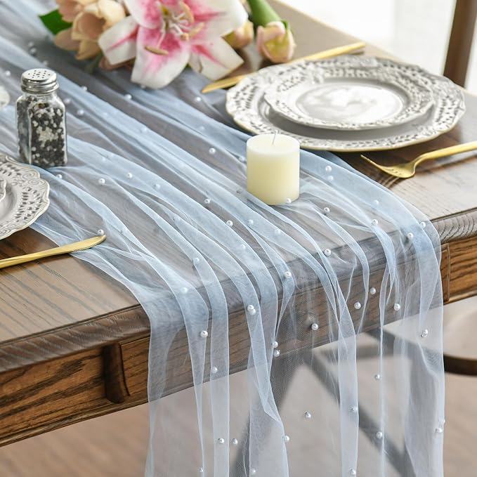 Artoid Mode 10PCS Pearl Blue Gauze Table Runner 120 Inch 10FT, Seasonal Sheer by ArtoidMode