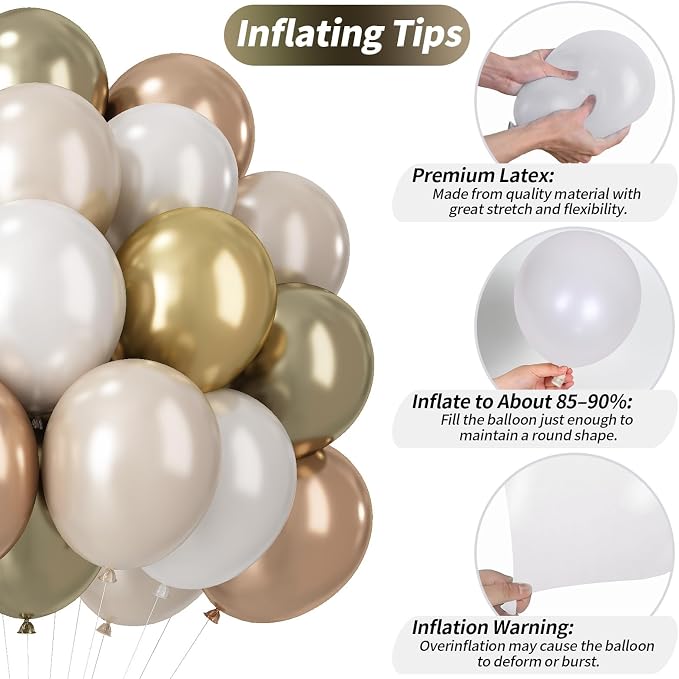 Champagne Gold and White Balloons, 12 Inch Double Stuffed Pearl White Sand Gold - Image 6