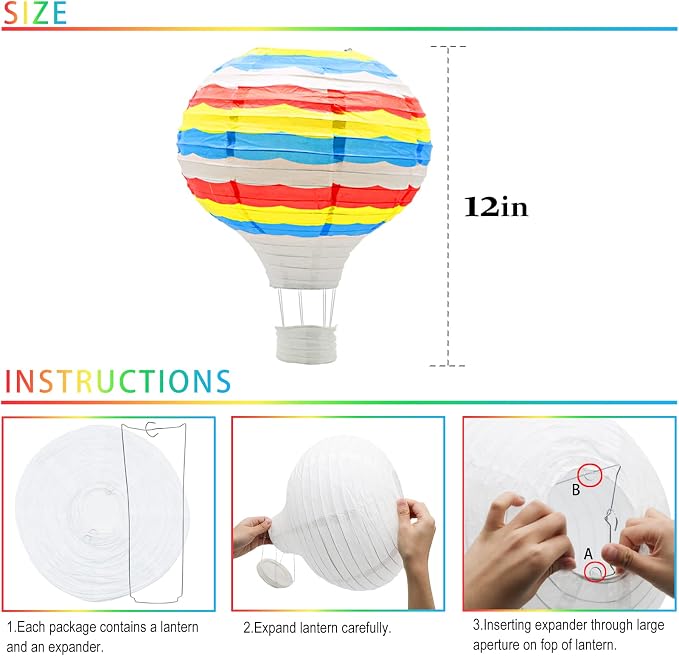 8 Pcs Rainbow Hot Air Balloon Paper Lanterns, 12 in Hanging Ceiling Decor | - Image 2