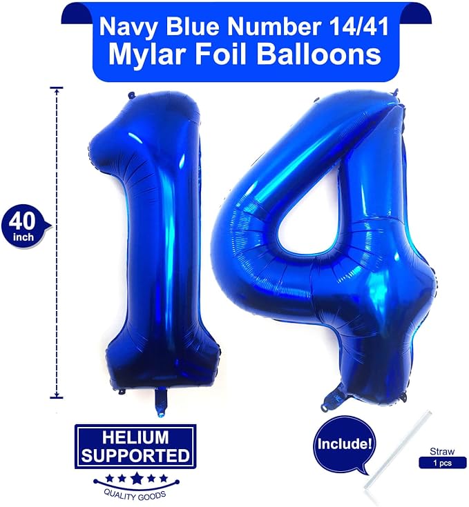 40 Inch Navy Blue 14 Number Balloons Giant Jumbo Huge 14 or 41 Foil Mylar - Image 2