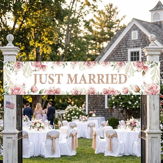 Just Married Wedding Decor Banner Decorations Party Hanging Sign | Reusable - Image 4
