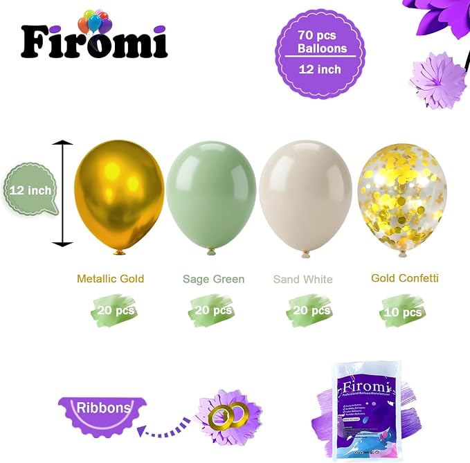 Firomi Metallic Chrome Gold and Sage Begie Balloons Set 12-inch 70 Pack | Sage - Image 2