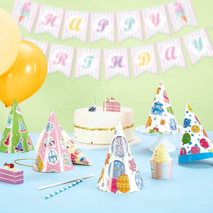 WERNNSAI 12 Pcs Birthday Party Hats Assorted Themes Cone Paper Headbands | - Image 6