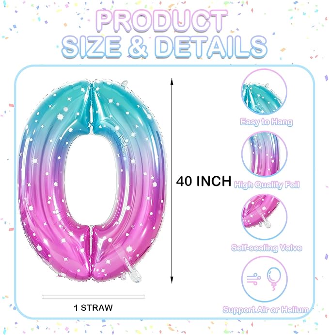 Number 0 Foil Balloon with Crown, 40-Inch Gradient | Gradient star print number - Image 2