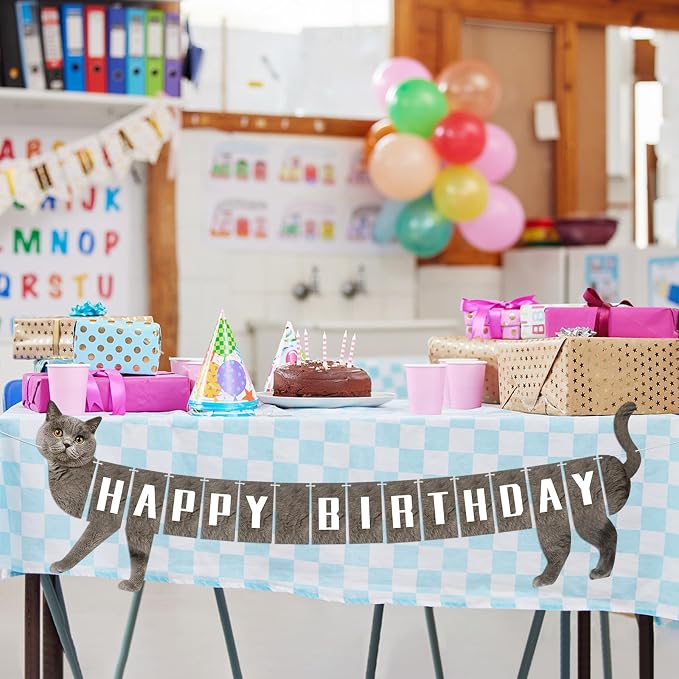 Cat Happy Birthday Banner Grey Cats Theme Party Decorations Cat Banner Bunting - Image 5