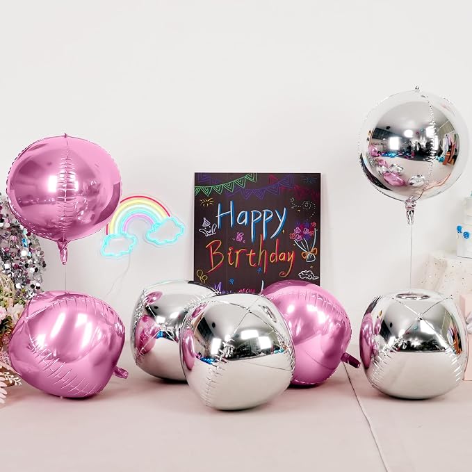 6Pcs Pink Silver Round Foil Balloons, 22inch 4D Metallic Silver Pink Balloons - Image 3