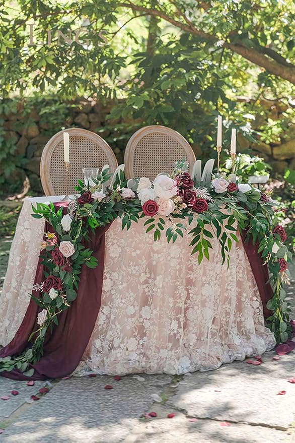 Ling's Moment 9FT Spring Flower Garland - Wedding Arch Flowers, Eucalyptus & Rose, Artificial Floral Garland for Mantle - Sweetheart Table Decor for Reception, Backdrop Decorations, Marsala