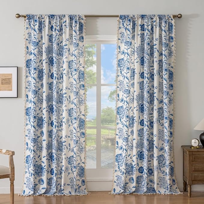 F-CHU Blue Curtains for Bohemian 90 Inch Length French Country Floral Drapes - Image 2