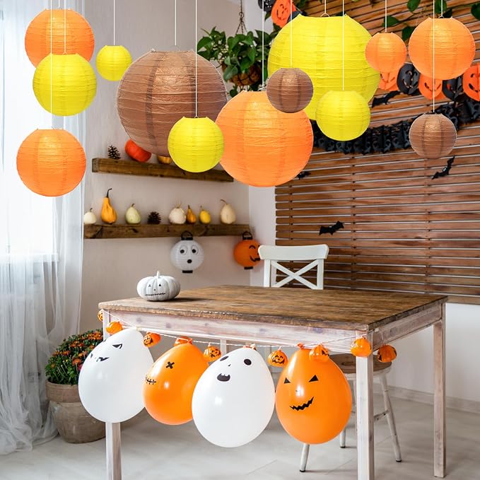 21Pcs Fall Paper Lanterns, 4-10in Yellow Orange Brown, Thanksgiving Decor | - Image 5