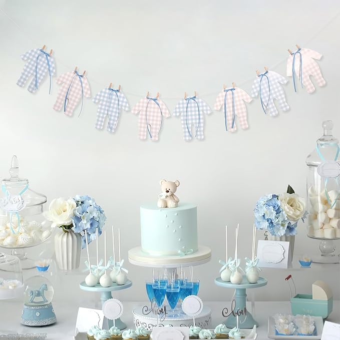 Blue and Cream Baby Onesie Garland – 8 PCS Big Size Baby Shower Banner - Image 3