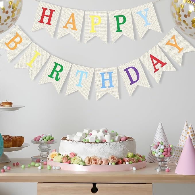 White Burlap Happy Birthday Banner Sign Birthday Garland Wall Door Hanging - Image 4