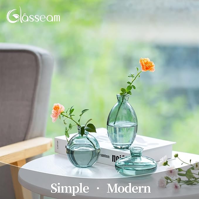 Bud Vases 3Pcs/Set Small Vases Handmade Cute Green Small Vases for Flowers Centerpieces Glass Vases Mini Vase Home Decor Centerpieces, Events Table Decor