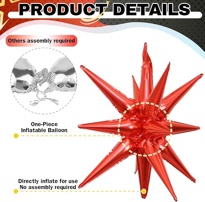 HILAVO 6PCS Black Red Star Balloons, 22Inch Large Star Balloon Foil Balloons - Image 3