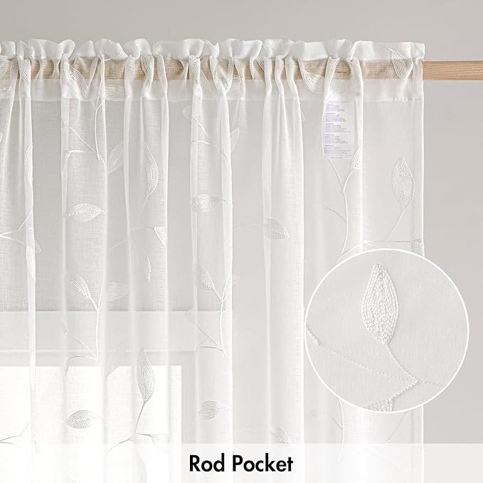 MIULEE White Sheer Curtains 2 Panels Embroidered Leaf Patterned, W52 x L54 | - Image 6