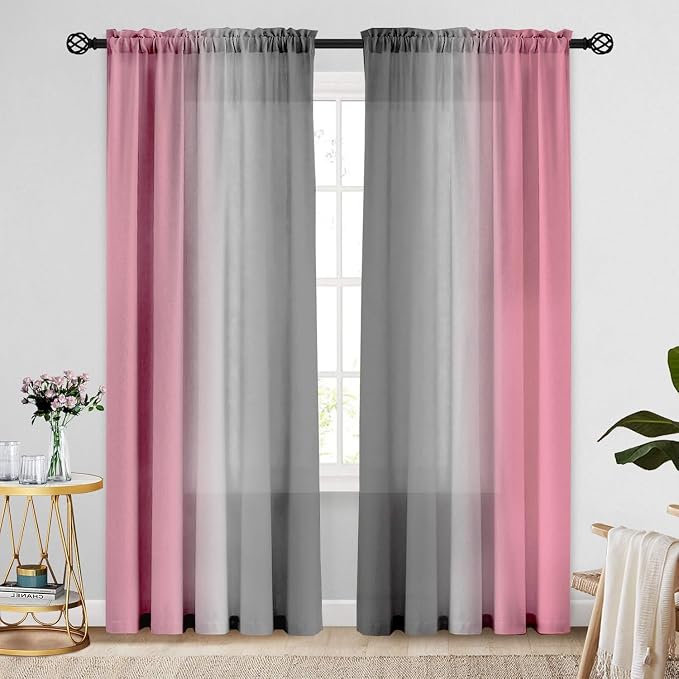 Pink Curtains 84 Inch Length 2 Panel Set Pink and Grey Ombre Curtains - Image 2