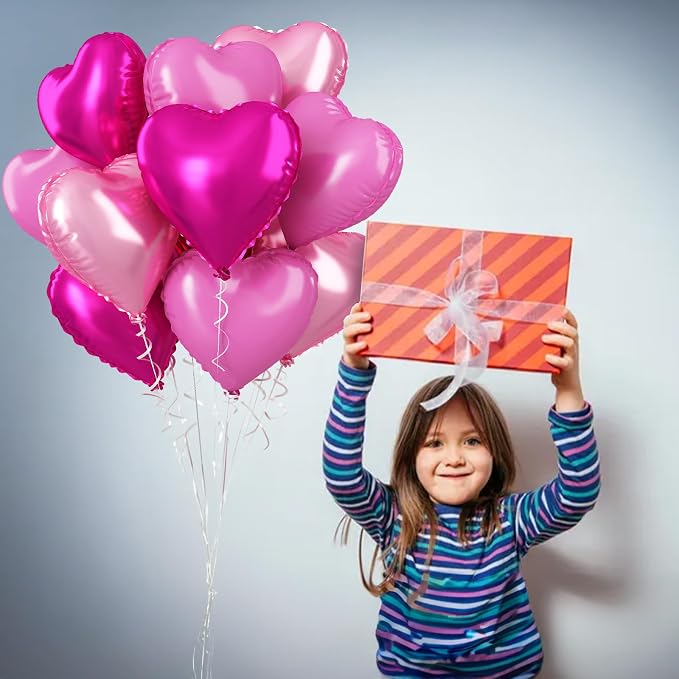 Pink Mixed Heart Balloons, 18 Inch 12 Pcs Hot Pink Foil Heart Shape Balloons - Image 4