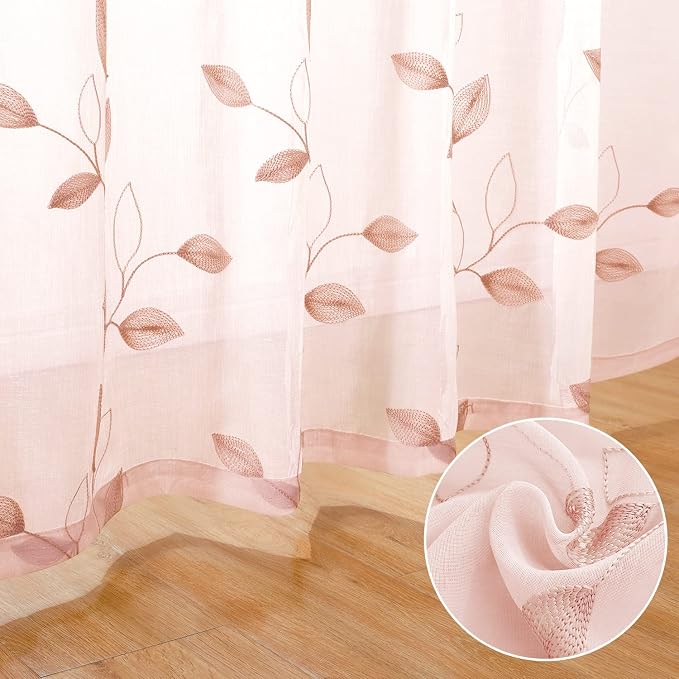 HOMEIDEAS Blush Pink Sheer Curtains 2 Panels Set, Embroidered Leaf, W52xL63 | - Image 3