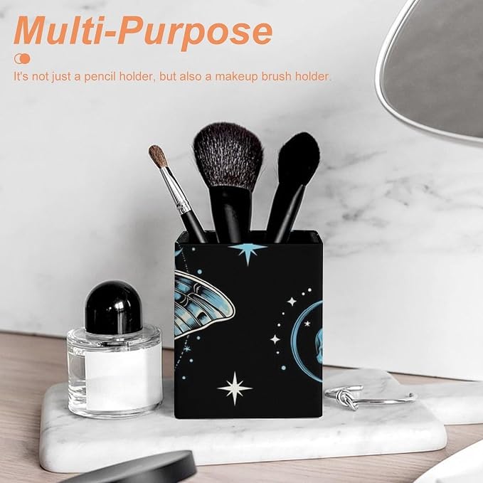 Pen Pencil Holder Cup, PU Leather Pen Container Desk Supplies, Makeup Brush - Image 6