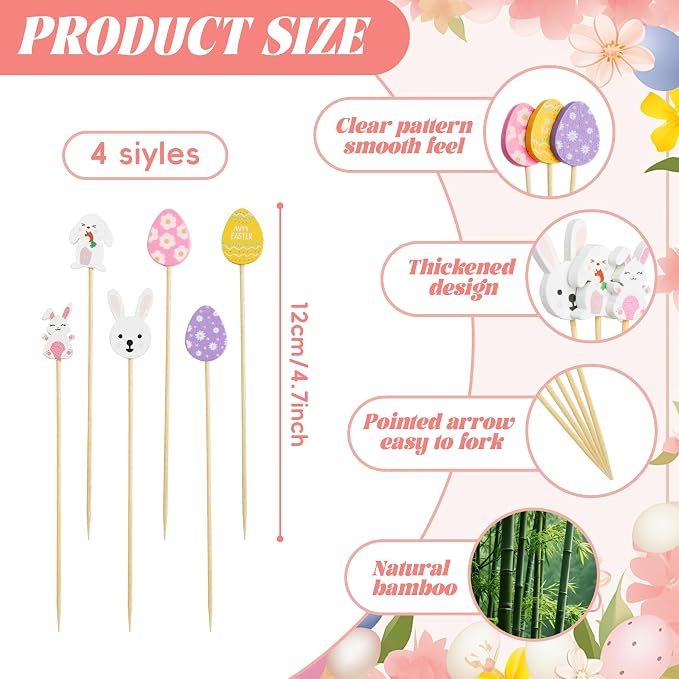 100 Pcs Easter Cocktail Picks, 4.7 Inch Rabbit Bunny and Eggs Toothpicks - Image 2