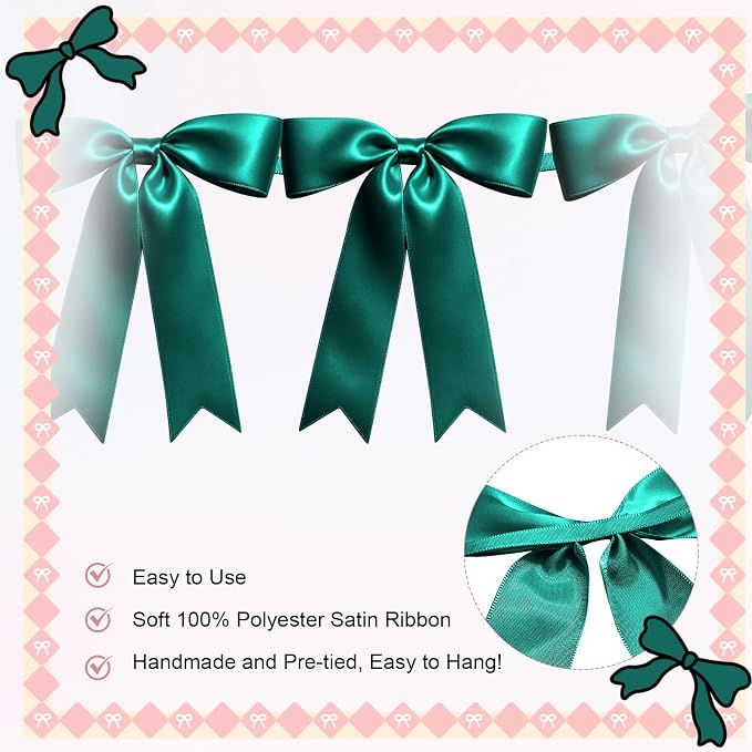1 String of 8PCS Dark Green Bow Garland Banner Decoration, Pre-Strung Satin - Image 3