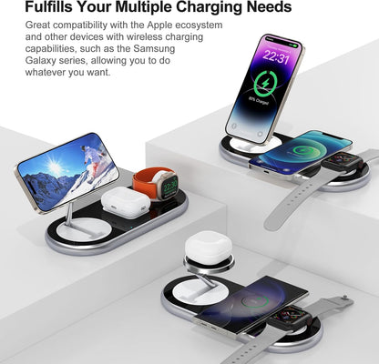 3 in 1 Charging Station for Apple Devices, Faster Mag-Safe Charger Stand, Magnetic Wireless Charger Station for iPhone 16 15 14 13 12 Pro Max Plus, Apple Watch iwacth & AirPods, Adjustable Angle