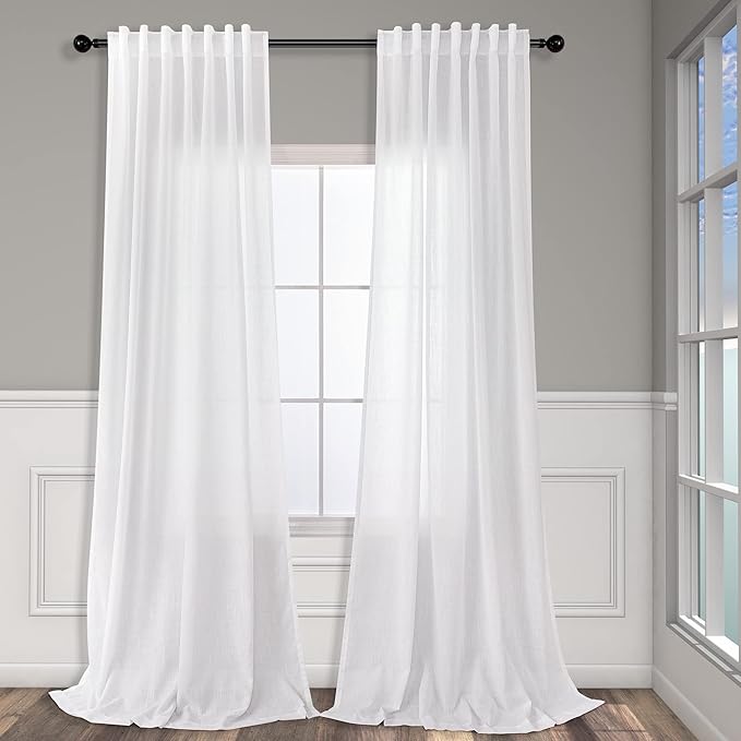 White Curtains 60 Inch Wide for Living Room Extra Large Linen Drapes Semi Sheer - Image 2