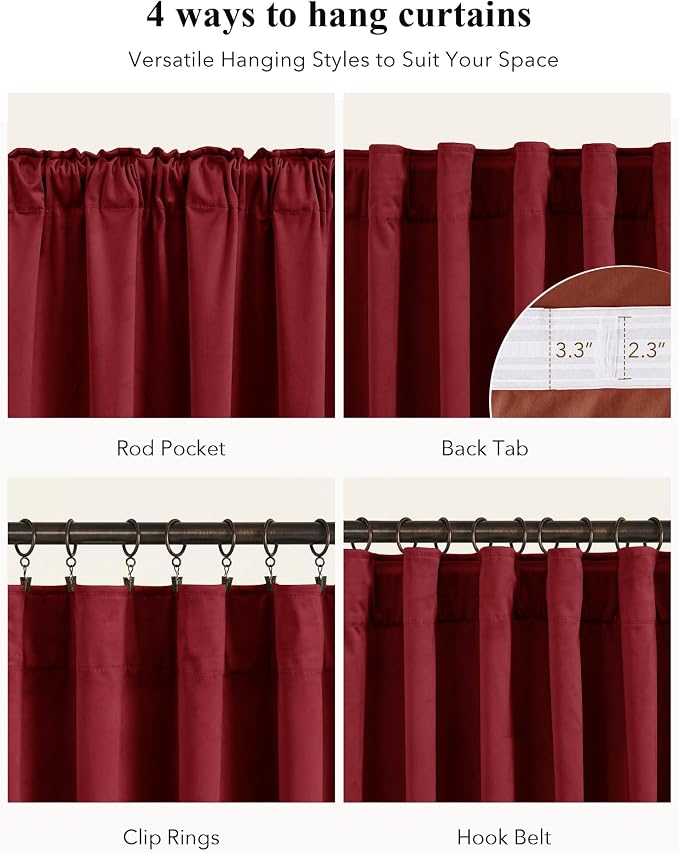 Red Velvet Curtains Back Tab for Chrismas Decor, W52 x L84, 2 Panels | 300GSM - Image 2