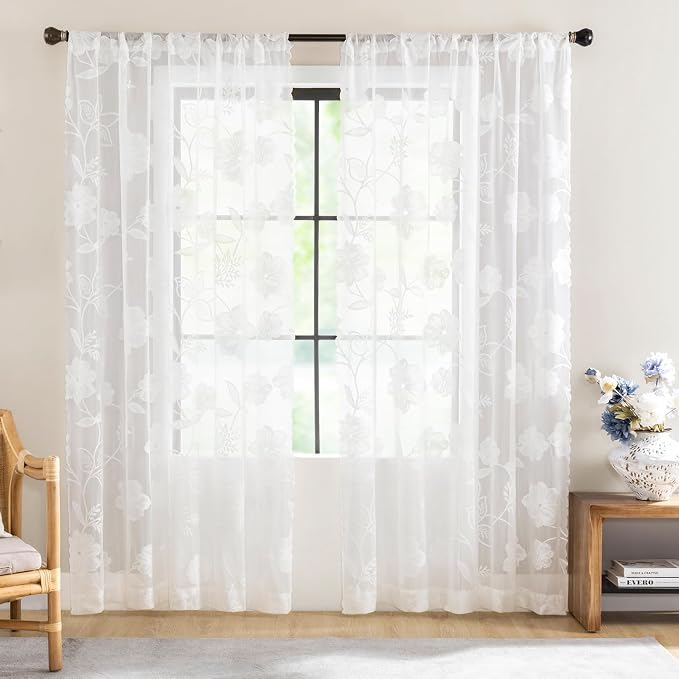 White Lace Sheer Curtains for Living Room 84inch Vintage Rose Botanical Floral - Image 6