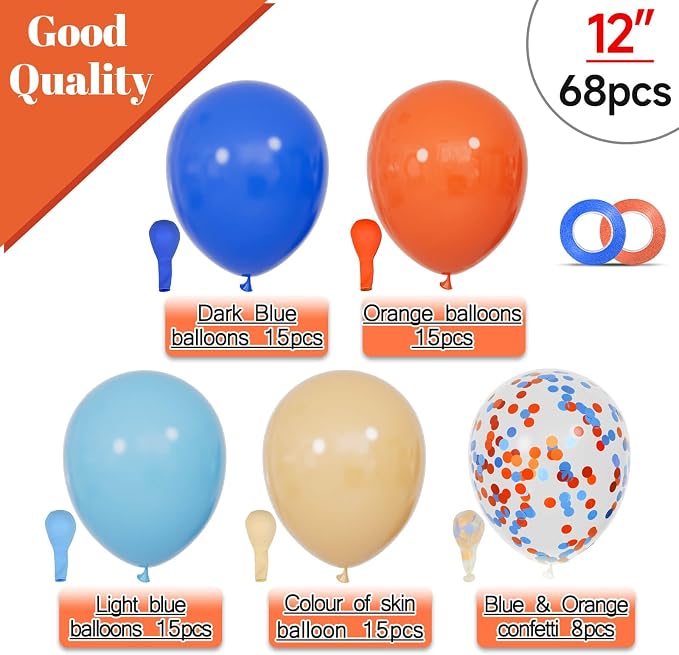 68Pcs Blue and Orange Balloons 12 Inch Nude Color Deep Light Blue Balloon - Image 2
