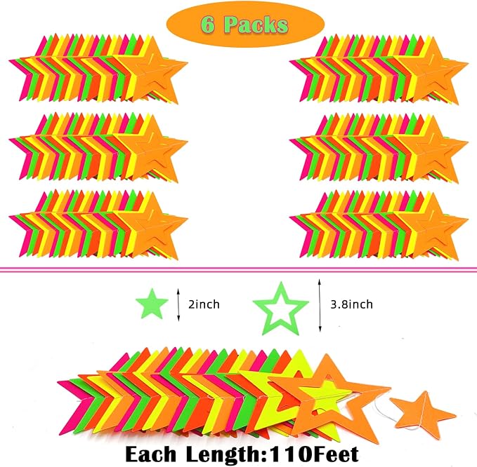 WELITTCON 102feet Neon Paper Garland Streamers Hollowed Star Black Light - Image 5