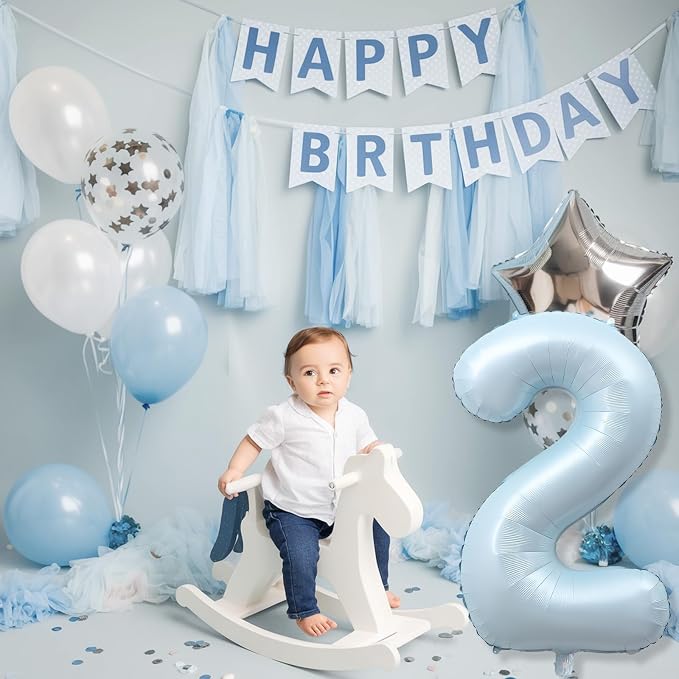 40 Inch 2 Balloon Number, Large Pastel Baby Matte Blue Foil Number 2 Balloons - Image 4