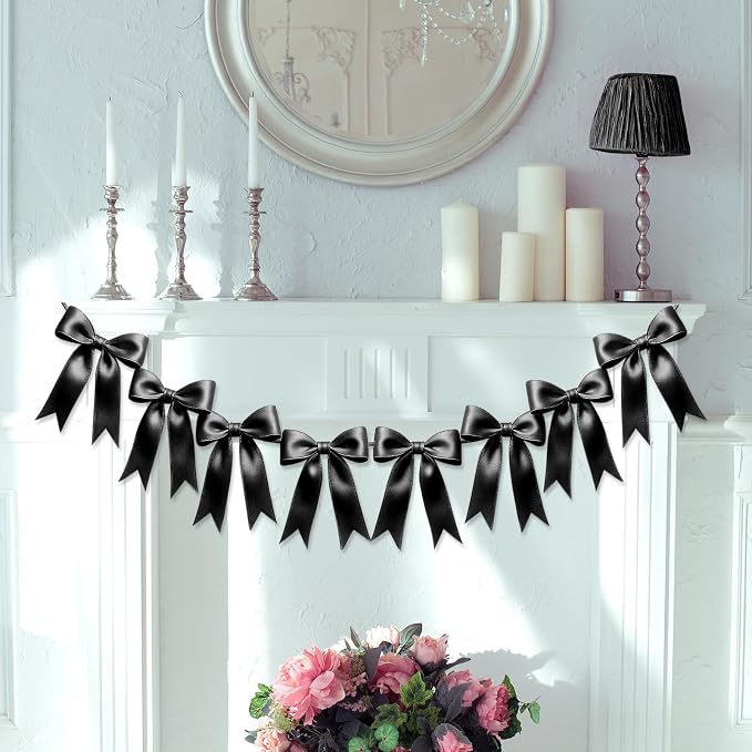 1 String of 8PCS Black Bow Garland Banner Decoration, Pre-Strung Satin Ribbon - Image 6
