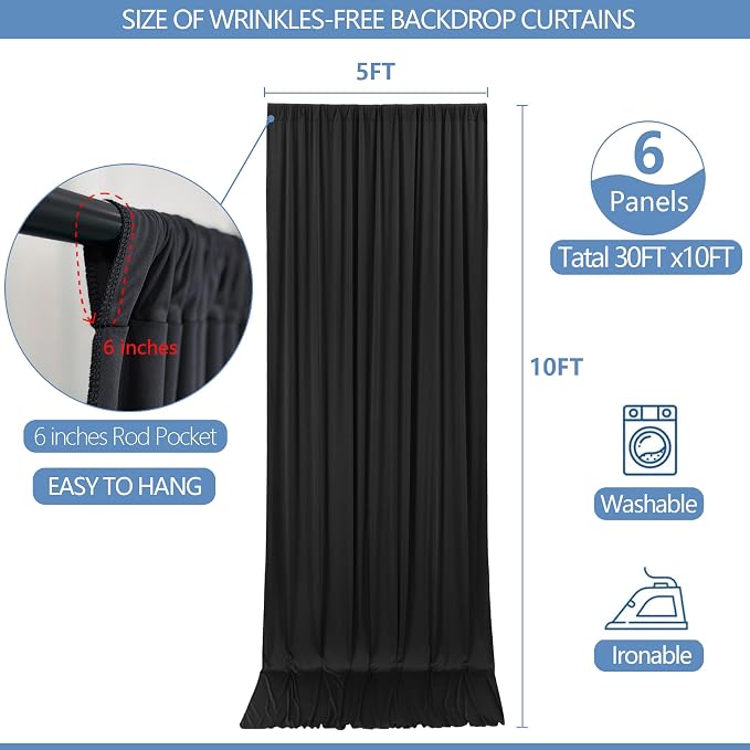 30x10ft Wrinkle Free Black Backdrop Curtain - Image 3