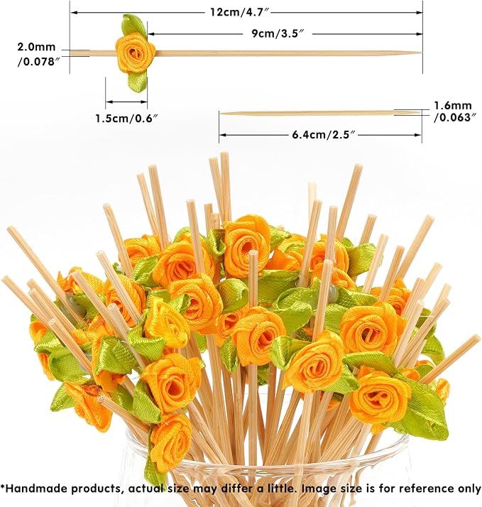 Minisland Orange Rose Flower Cocktail Picks, 4.7 Inch Long Bamboo Fancy - Image 2