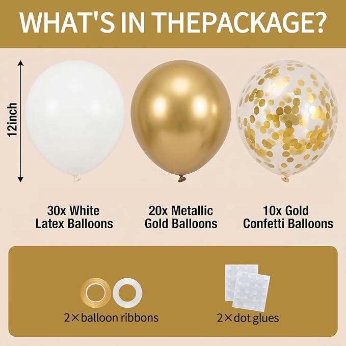 60pcs White and Metallic Gold Balloons, 12 Inch Chrome Gold, Wedding & Birthday - Image 2