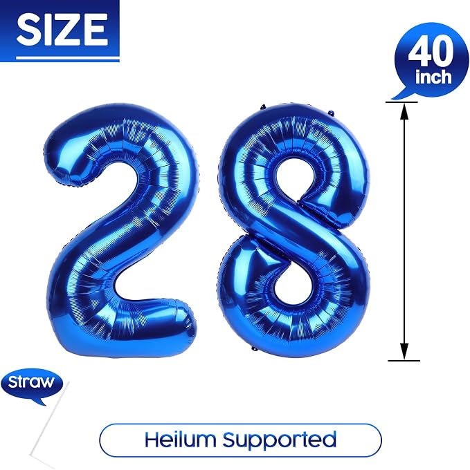 28 Balloon - Metallic Blue Birthday Number Balloons, 40 Inch Decorations | - Image 5
