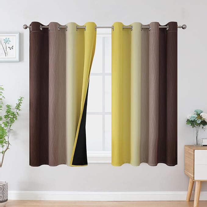 Yellow and Brown Blackout Curtains, Full Light Blocking Gradient Grommet Drapes by ESTELARTEXTILER