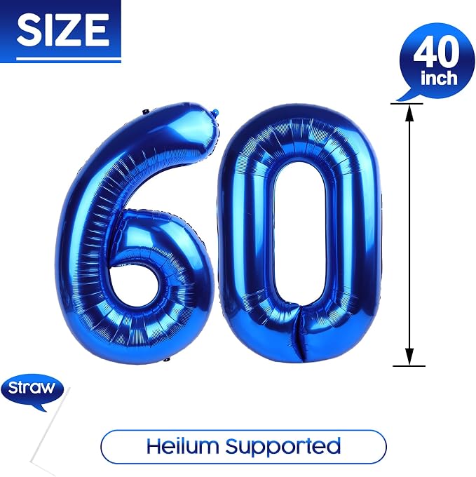 60 Balloon - Metallic Blue Birthday Number Balloons, 40 Inch Decorations | - Image 5